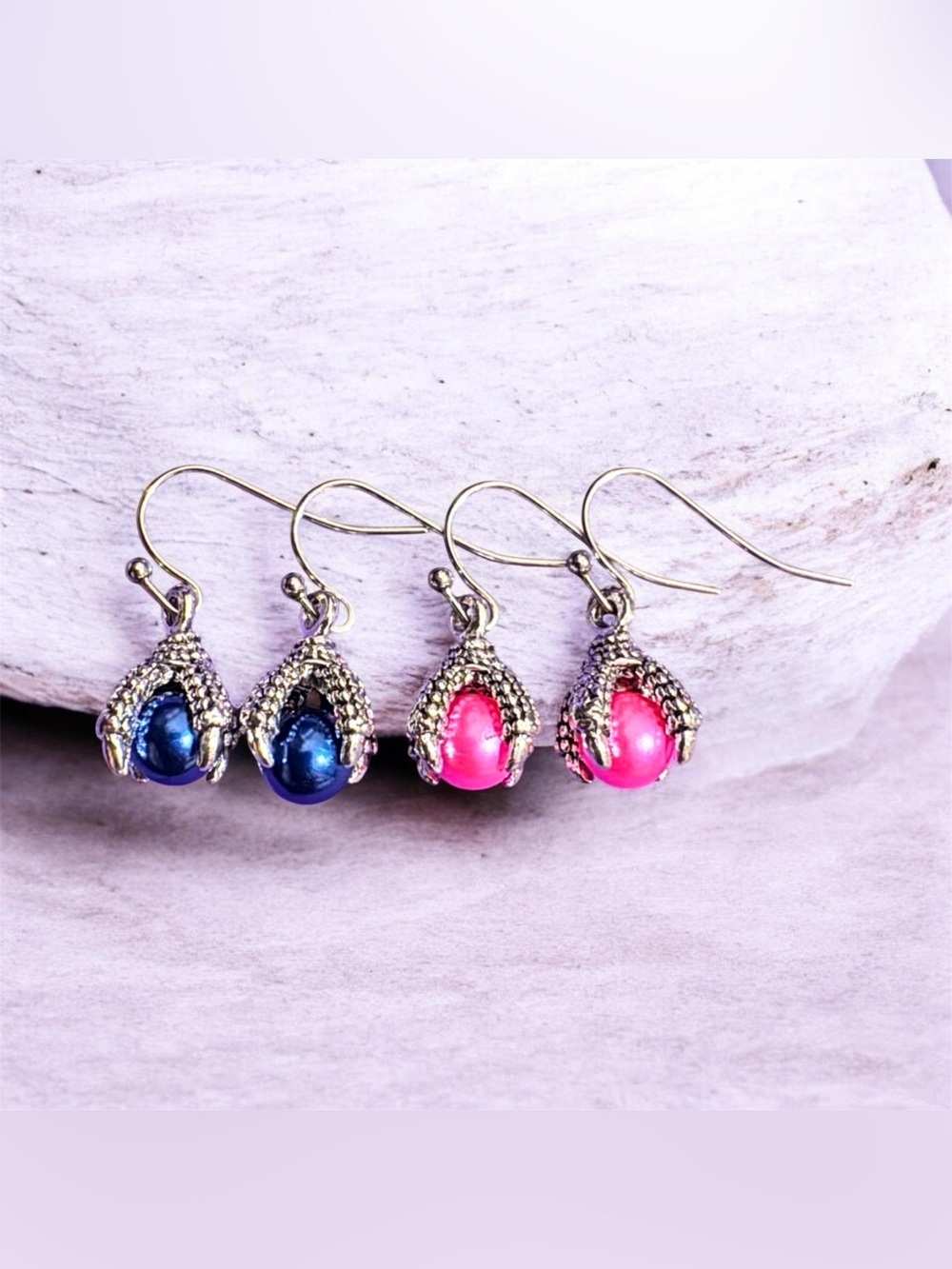 2 Pairs - Silver Claw Drop Earrings with Pink and Blue Faux Pearls